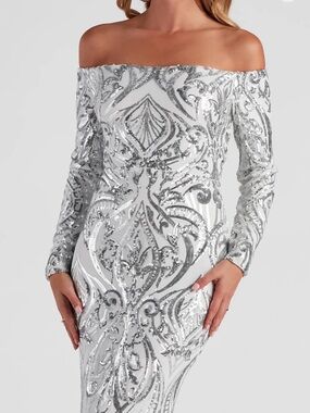 Off-Shoulder White Sequin Evening Dress